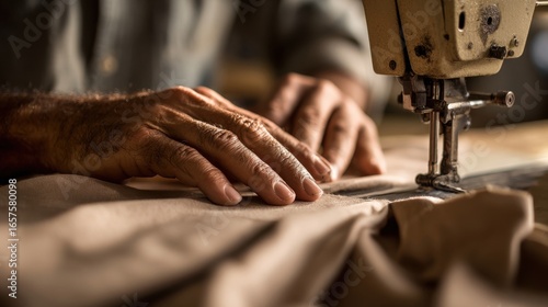 Close-up of hands guiding fabric through a sewing machine in workshop setting.