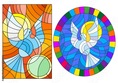 A set of illustrations in stained glass style with abstract pigeons, the sun and branches