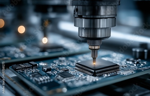 A robotics system and circuit board power an automation machine.  Factory uses high-tech engineering for chip production