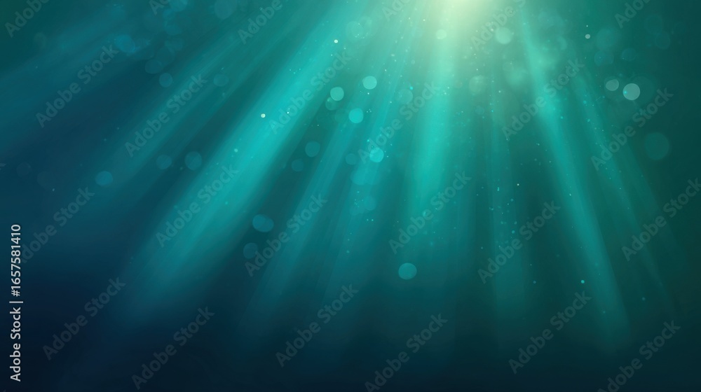 Fototapeta premium Underwater sunlight rays penetrating clear blue water with floating particles and serenity.