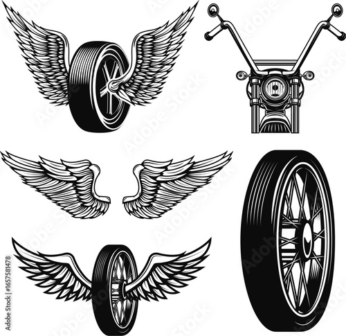 Set of biker theme icons. Motorbike, winged wheel, wings. Design elements for logo, emblem, sign, t shirt design. Vector illustration