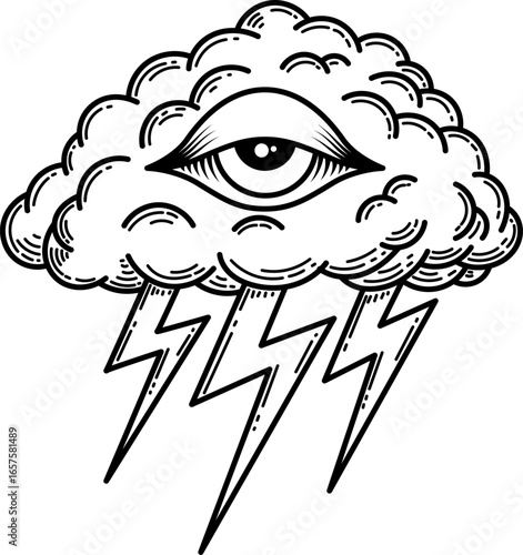 Vector illustration of a storm cloud with an all-seeing eye and lightning bolts. Occult, mystical and esoteric symbol
