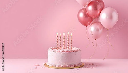 A pale pink cake with candles on a pink background, surrounded by balloons. 4K and HD