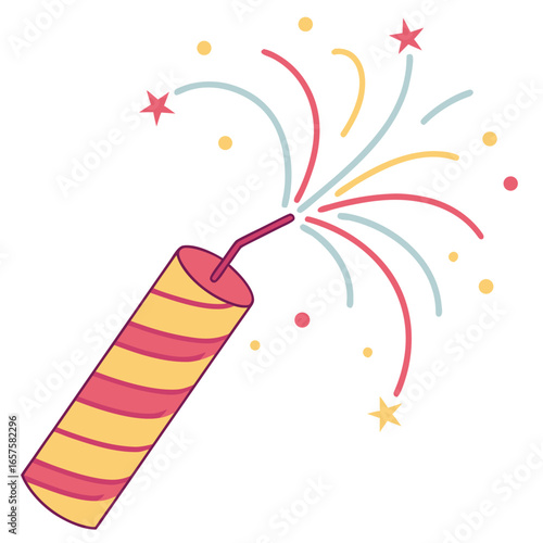 Brightly colored party popper exploding with confetti and streamers on a white background