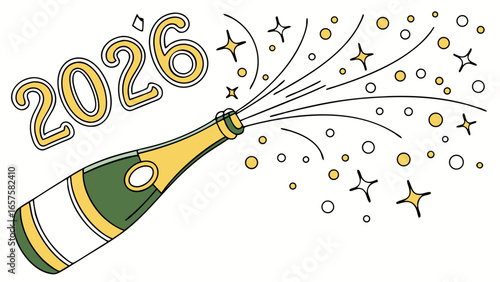 Champagne bottle popping with celebratory bubbles and stars for the year 2026