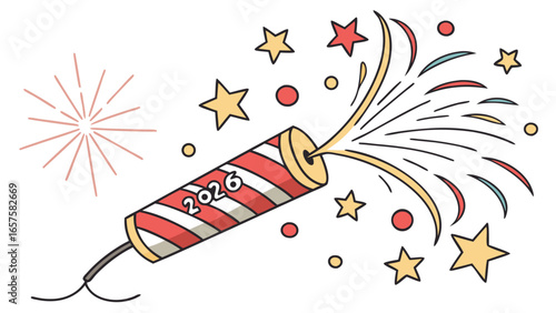 Festive red and white striped party popper exploding with colorful confetti and stars celebrating the year 2026