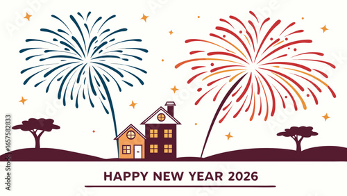 Happy new year 2026 celebration with colorful fireworks over houses and trees