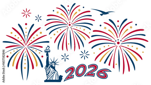 Happy new year 2026 with statue of liberty and festive fireworks display celebration
