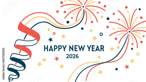 Happy new year 2026 greeting with colorful fireworks ribbons and stars on white background