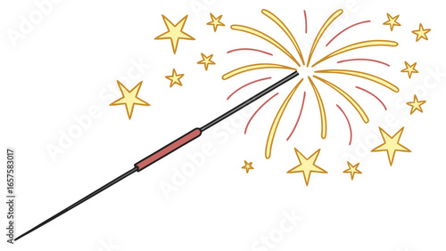 Sparkler ignites a burst of golden stars and festive sparks against a white background