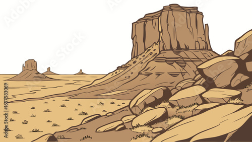 Stylized illustration of iconic desert buttes and rock formations under a clear sky