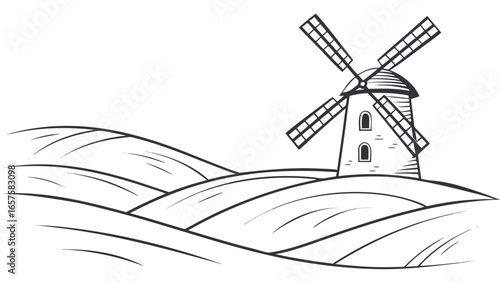 Traditional windmill standing on rolling hills in a simple line art drawing style