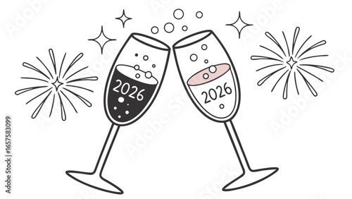 Two champagne glasses clinking together celebrating the new year 2026 with fireworks and bubbles