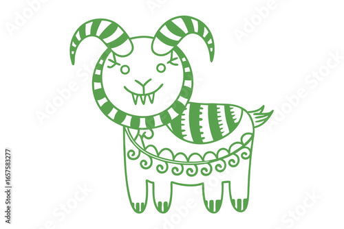 An isolated decorative green striped goat stands smiling, showcasing stylized folk art charm perfectly