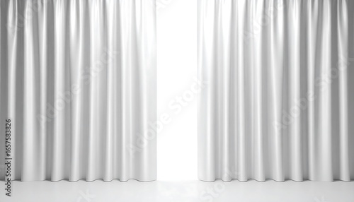Elegant White Curtains Slightly Ajar, Revealing a Bright Light, Soft, Flowing White Drapes Create a Sense of Serenity and Calmness
