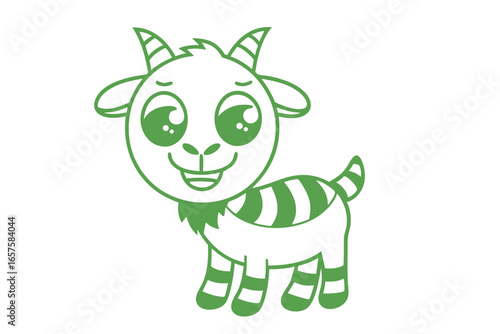 Animated goat smiles with green stripes adorning its body, creating a playful charm