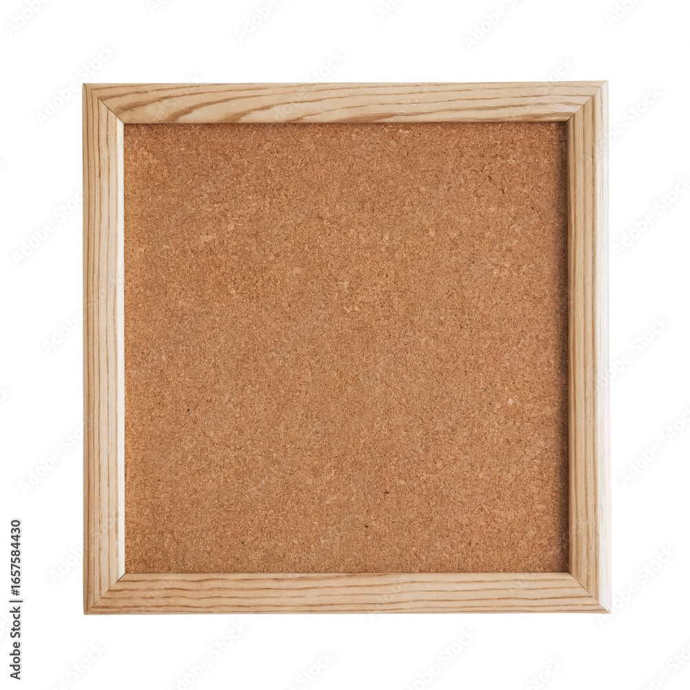 Fototapeta premium A square cork board with a natural wooden frame isolated on transparent white background remove png 