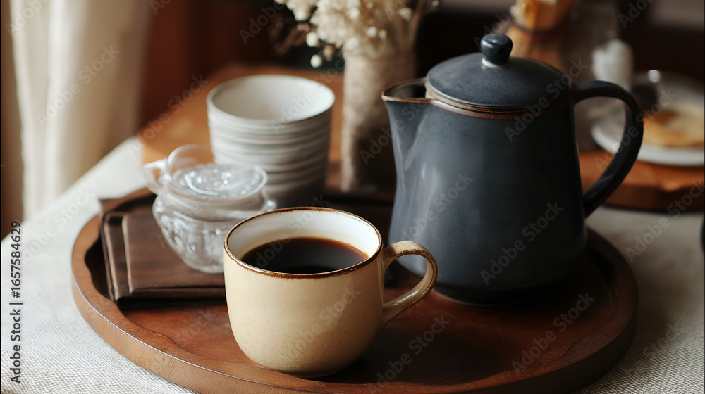Fototapeta premium Dark Coffee in Beige Cup with Blue Teapot on Wooden Serving Tray. Mock up promotion information for marketing announcements and details, blank white space.