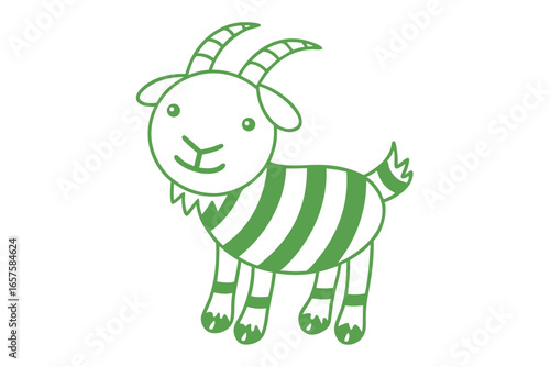 Adorable green striped cartoon goat stands cheerfully with playful expression against a white backdrop