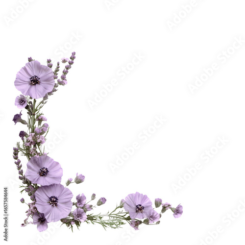 Purple flowers arranged in a decorative corner border frame