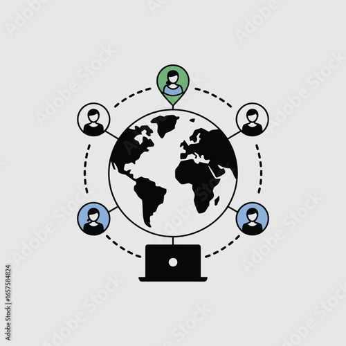Global Network Connection With People Icons And Laptop vector illustration