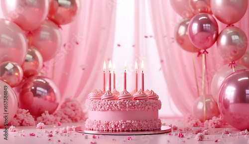 A pastel pink birthday cake with candles, surrounded by pink balloons and decorations. 4K and HD