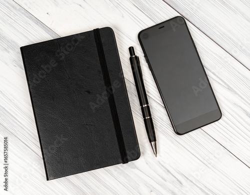 Creative workspace essentials with notebook, phone, and pen neatly arranged.