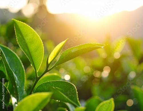 Fresh green leaves with natural sunlight and blurred background