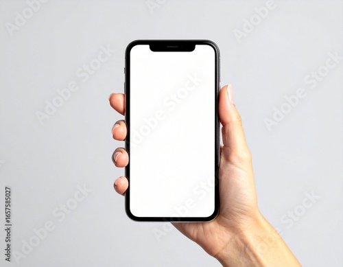 Person showing smartphone with empty screen suitable for mockup design.