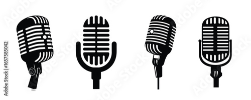 Retro microphones silhouette vector clipart for music and podcast design