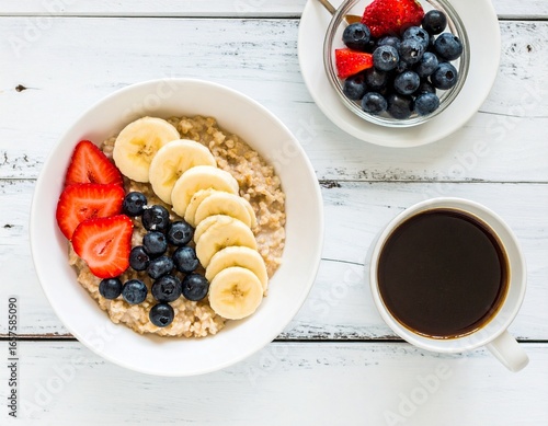 Fresh morning meal featuring colorful fruits, oats, and coffee cup.