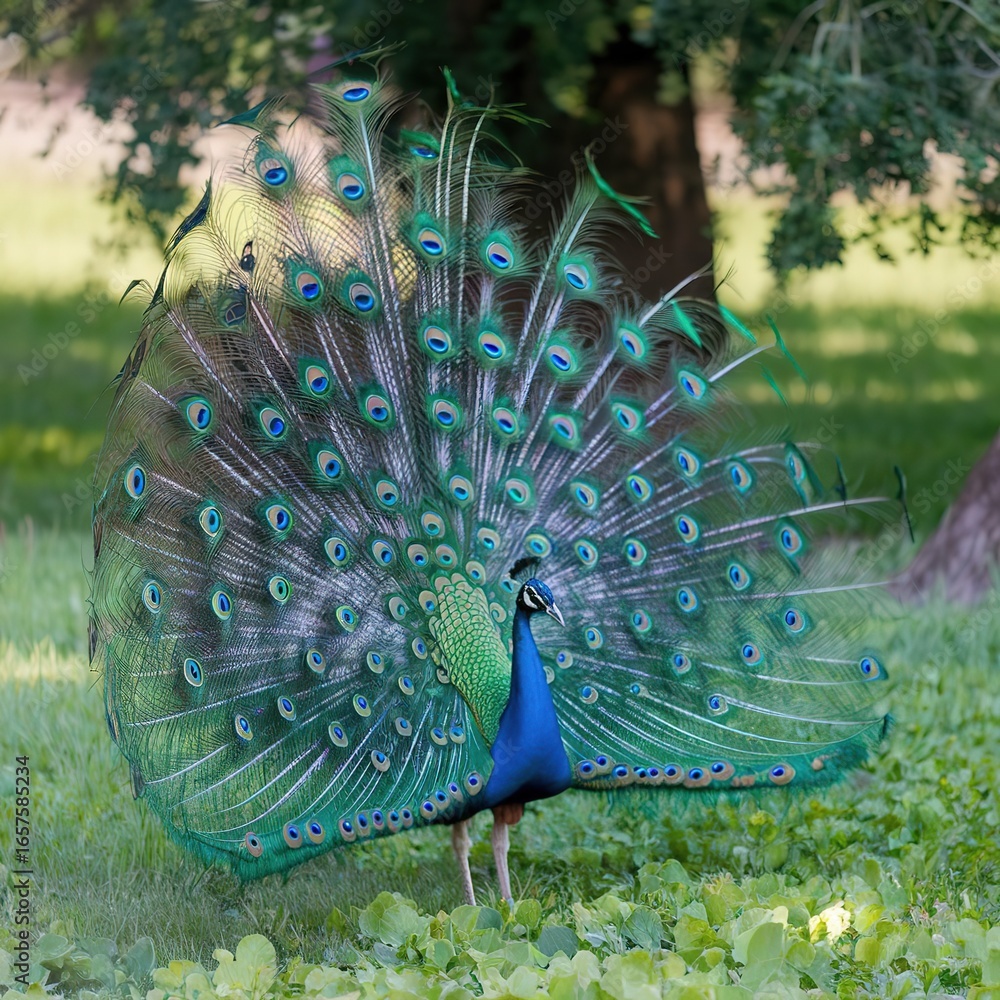 Obraz premium Peacock with feathers blue and green color wildlife animal
