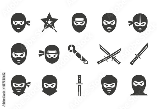 Collection of stylized ninja icons: masked faces, throwing stars, and various swords.