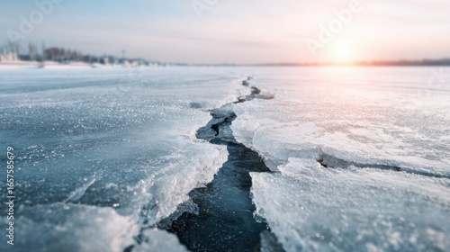 Vast icy landscape with crack in frozen surface leading to sunset over winter wilderness.