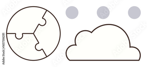 Puzzle-style globe alongside a cloud and three circles above, representing collaboration, global connectivity, cloud storage, sustainability, problem-solving, teamwork, innovation. A simple flat