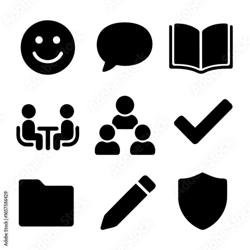 Communication and Information Icons: A diverse collection of iconic symbols, including a smiley face, speech bubble, open book, discussion, and security shield. Designed for versatile applications.