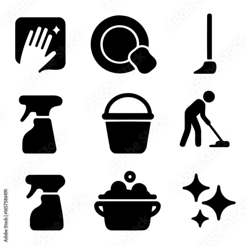 Cleaning tools Icons: A set of graphic symbols featuring various cleaning tools, such as spray bottles, buckets, and mops, perfect for illustrating concepts related to cleanliness and hygiene.