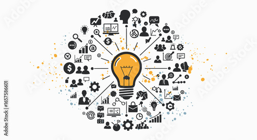 Creative idea light bulb with business and technology icons around it silhouette
