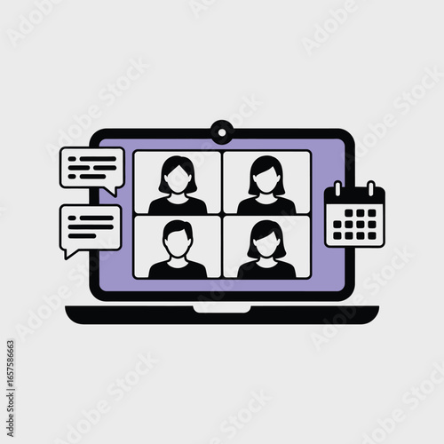 Online Meeting With People Icons On Laptop Screen And Calendar video conference