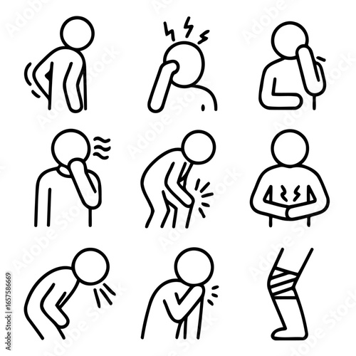 Symptom Icons: A collection of simple, line-drawn icons illustrating various physical symptoms, ideal for medical and health-related themes.