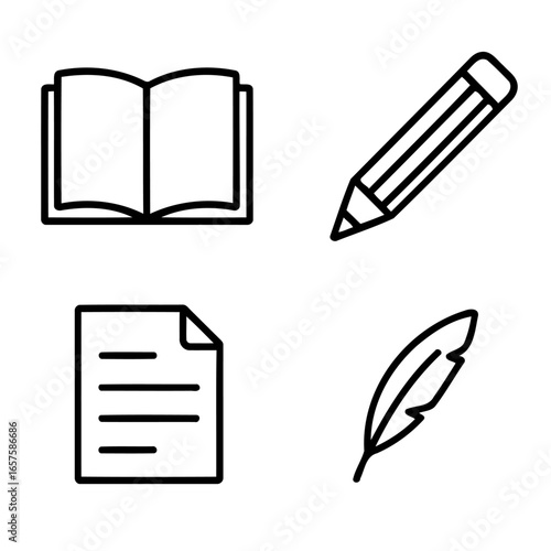 Essential Stationary Icons: A collection of iconic symbols, each representing a fundamental aspect of writing and literacy, rendered in a sleek, minimalist style.