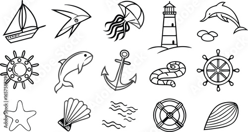 Nautical icons collection: sailboat, dolphin, lighthouse, anchor, ship wheel, seashell, starfish, waves, lifebuoy