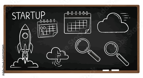 startup concept with calendar cloud rocket and magnifying glass on chalkboard silhouette