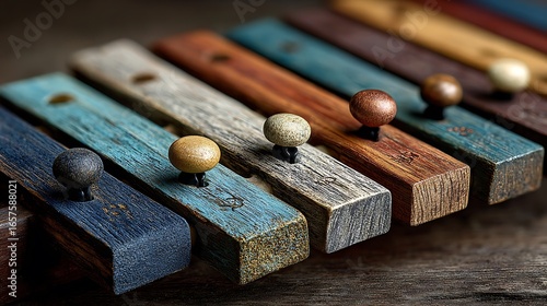 Musical bamboo xylophone keys placed side by side high resolution picture
