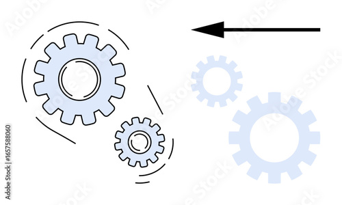 Interconnected gears in motion with a forward-pointing arrow highlighting teamwork, mechanism, progress. Ideal for workflow, efficiency, innovation, engineering, strategy, process management simple