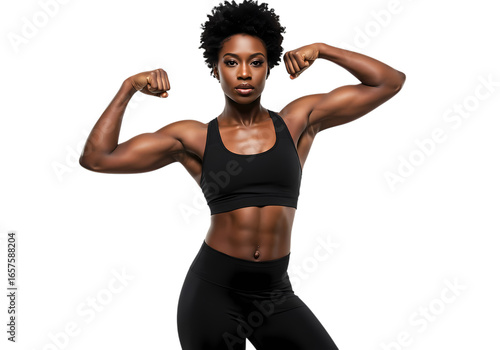 Fit Woman Flexing Biceps, Studio Shot isolated on transparent background