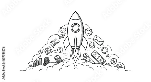 A rocket ship launching with money and business icons surrounding it silhouette