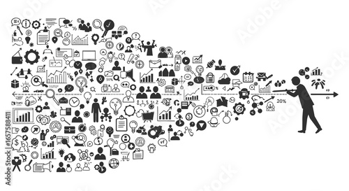 Businessman launching a stream of business and productivity icons into the air silhouette