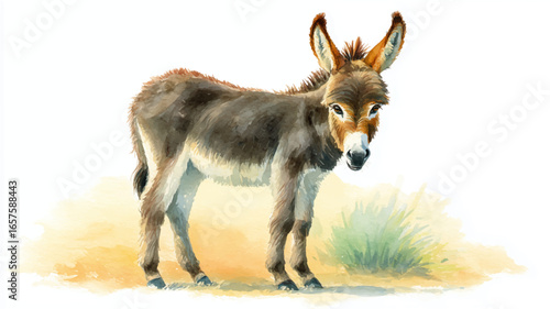 Vector illustration. Watercolor painting of a gray donkey standing in a field. Farm animals.