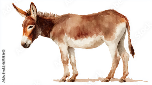 Vector illustration. Watercolor painting of a gray donkey standing in a field. Farm animals.